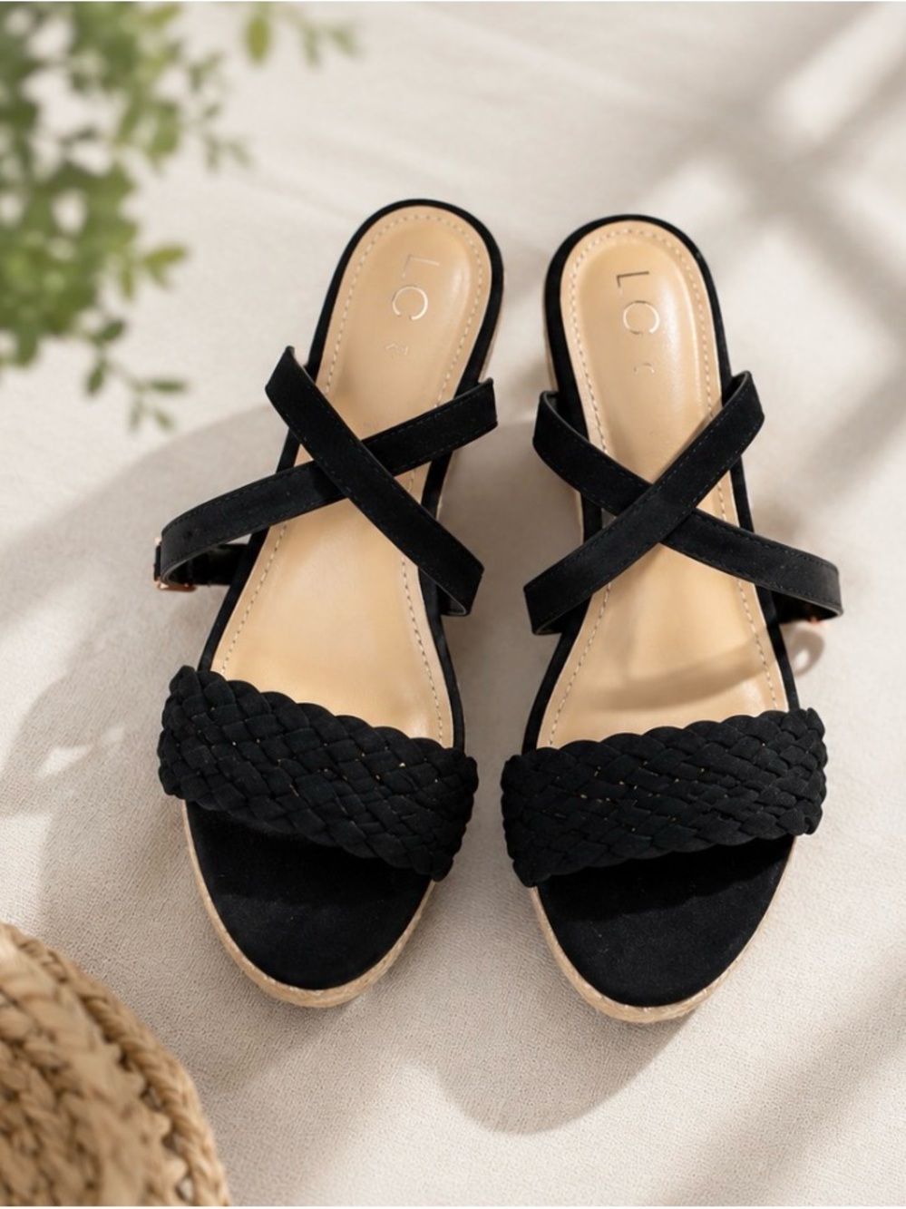 LC Lauren Conrad Black Braided Cross-Strap Slide Sandals